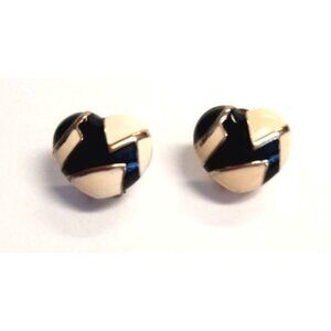 Vintage Black & Cream Enameled Heart Shaped Earrings
